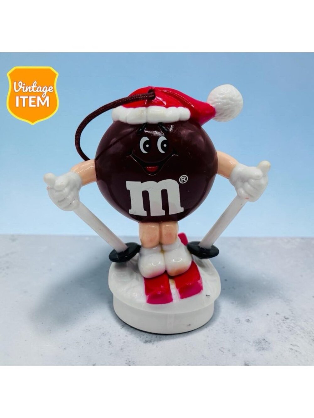 Vintage M&M Candy Top Christmas Ornament Brown Skiing Chocolate Tube Toppers.